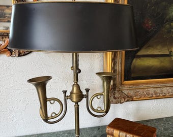 Vintage brass horn French Bouillotte lamp with black tole shade, large Bouillotte lamp, French lamp