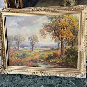 Vintage, possibly antique oil on board landscape by James King Bonnar, signed. Landscape painting of farm and river