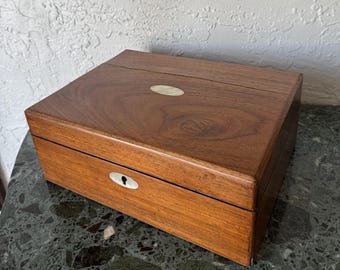 Antique English 19th century Victorian wood & mother of pearl inlay writing box with inkwell and dark blue leather