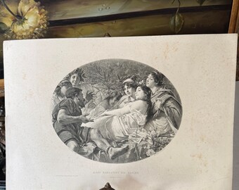 Antique print of "Aesop Narrating His Fables" engraving by Roberto Fontana. Unframed.