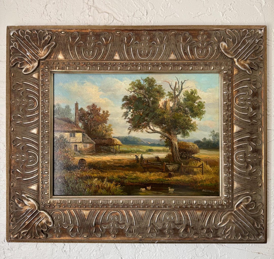 Vintage Oil Painting on Board of a Farm Scene With Ducks in a Pond ...