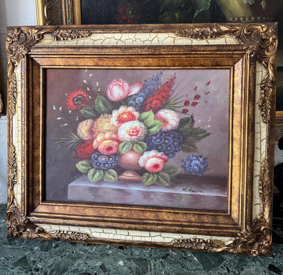 Vintage Framed Oil Painting of Florals, Still Life Oil on Canvas ...