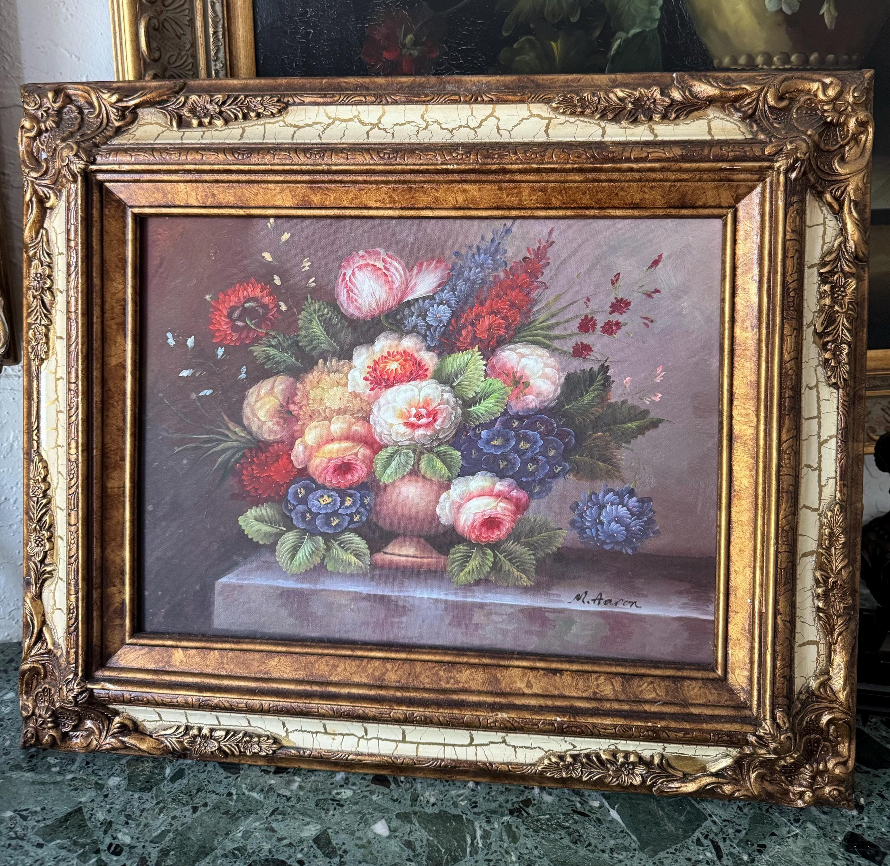Vintage Framed Oil Painting of Florals, Still Life Oil on Canvas ...