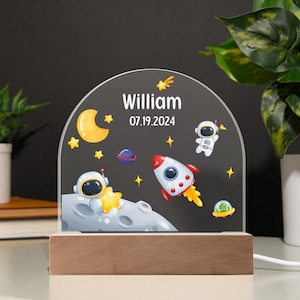 Space Night Light - Personalized Kids Room Decor - Rocket Astronaut Bedside Lamp - Acrylic LED Nursery Light - Unique Boys Room Gifts