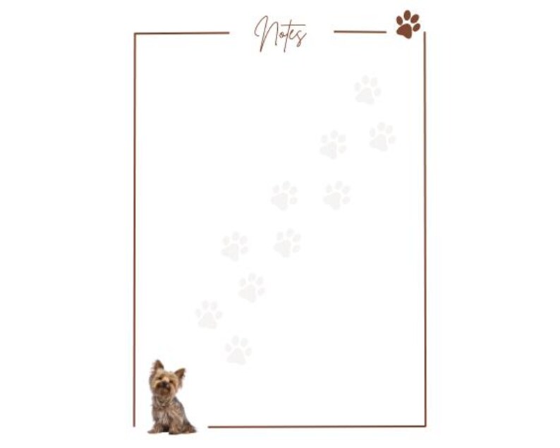Op de afbeelding: Een bruine en bruine Yorkshire Terrier zit op een witte achtergrond met het woord "Notes" bovenaan de pagina. Een reeks potenafdrukken leidt naar de bovenkant van de pagina.