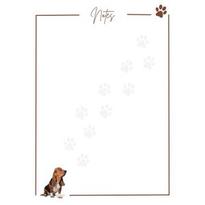 May include: A brown and white basset hound dog sits on a white background with the word "Notes" written in brown at the top of the page. A series of paw prints are printed in gray on the page, leading up to the dog.
