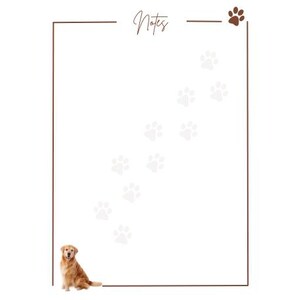 Op de afbeelding: Een bruine en witte hond zit op een witte achtergrond met een bruine rand en het woord "Notes" bovenaan. Een spoor van potafdrukken leidt naar de bovenkant van de pagina.