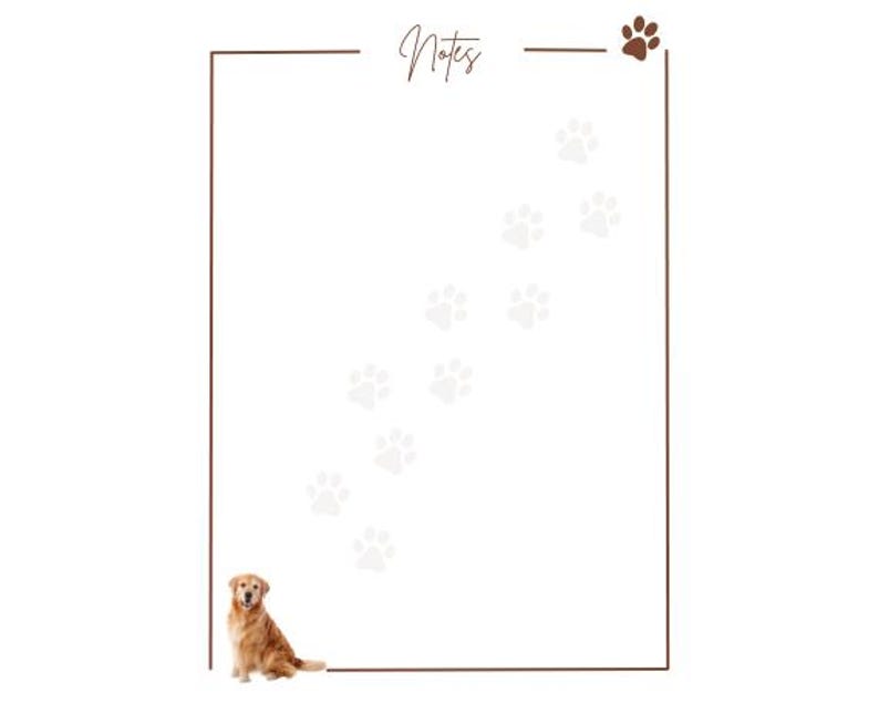 Op de afbeelding: Een bruine en witte hond zit op een witte achtergrond met een bruine rand en het woord "Notes" bovenaan. Een spoor van potafdrukken leidt naar de bovenkant van de pagina.