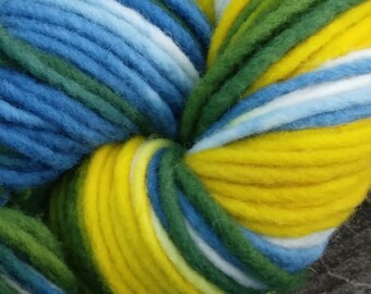 Spring at the Lake--Green, Yellow, White, and Blue Variegated--Single Ply Bulky Wool Yarn--4 Ounce Skein--100 Yards--Plant Dyed