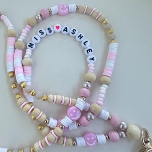 Personalized Teacher Lanyard with Name | Beaded Breakaway ID Badge Holder | Cute Smiley Face | Boho Teacher Gift | Back to School Accessory