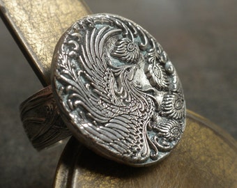 Fantasy Silver Phoenix Ring • Sterling and Fine Silver Statement Ring • Boho Mythical Jewelry – Firebird Wax-Seal Design