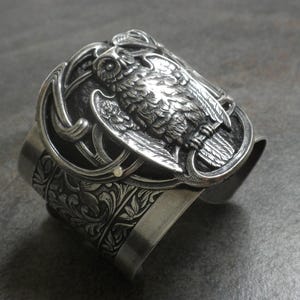 Silver Owl Bracelet:  Wide Statement Cuff, Whimsigoth, Whimsy Goth Jewelry, Witchy Accessory