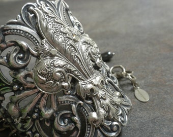 Wide Silver Filigree Bracelet Fleur de Lis Y2K Jewelry Statement Cuff