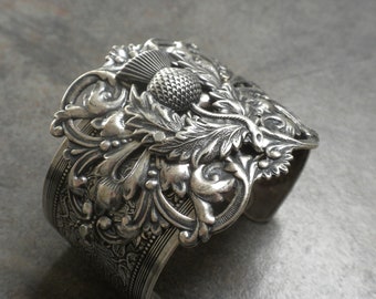 Scottish Thistle Silver Bracelet Nature Inspired Gift Jewelry Statement Cuff