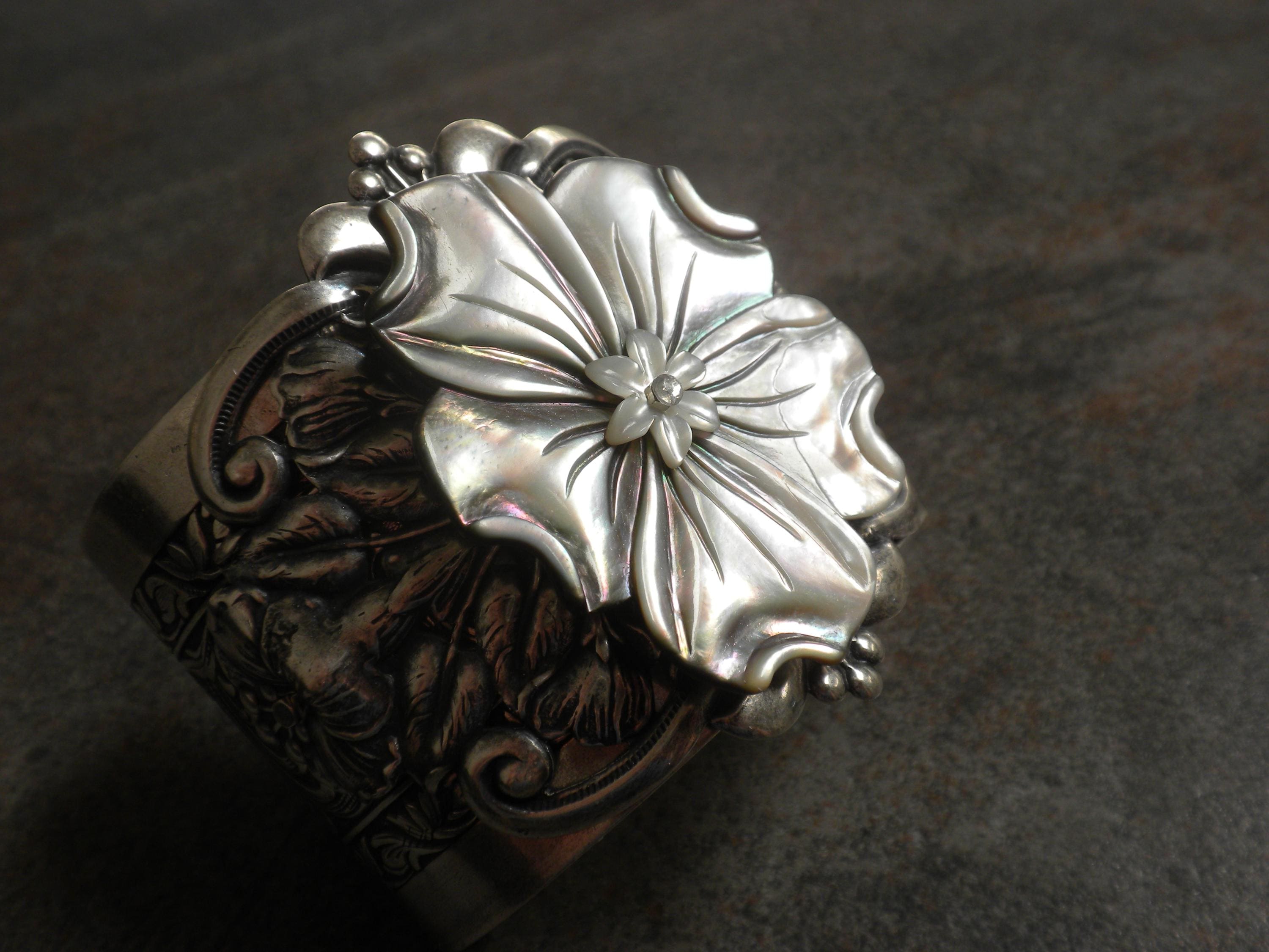 Mother of Pearl Flower Cuff Bracelet: Silver Statement, Nature Inspired…