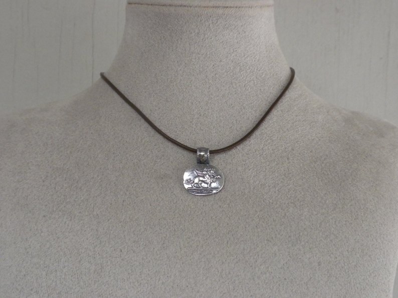 May include: A silver pendant necklace with a brown leather cord. The pendant features a detailed design of two figures.
