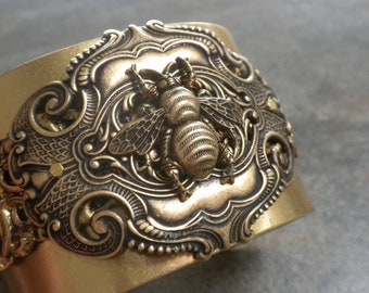 Mens Wide Brass Bee Cuff Bracelet