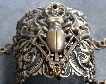 Insect Jewelry Whimsigoth Wide Filigree Cuff Bracelet Brass Beetle