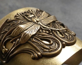 Art Nouveau Jewelry Chunky Gold Metal Cuff Dragonfly Bracelet