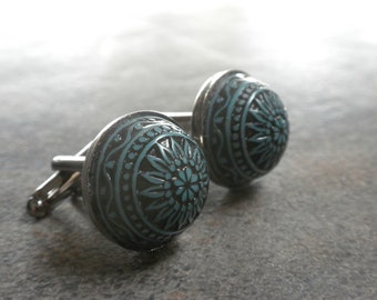 Unique Gift Turquoise and Black Art Deco Cuff Links