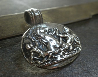 Mermaid and Hippocampus Mythology Silver Pendant