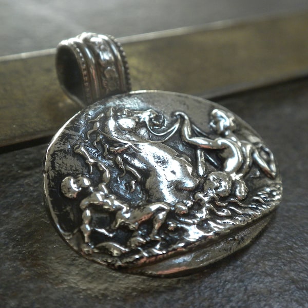 Mermaid and Hippocampus Mythology Silver Pendant
