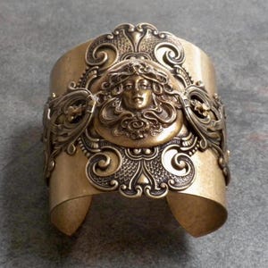 Art Nouveau Brass Cuff Bracelet: Medusa Goddess, Renaissance Boho Style Jewelry