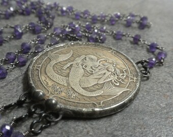 Mermaid Jewelry Medallion Necklace on Amethyst Beaded Chain