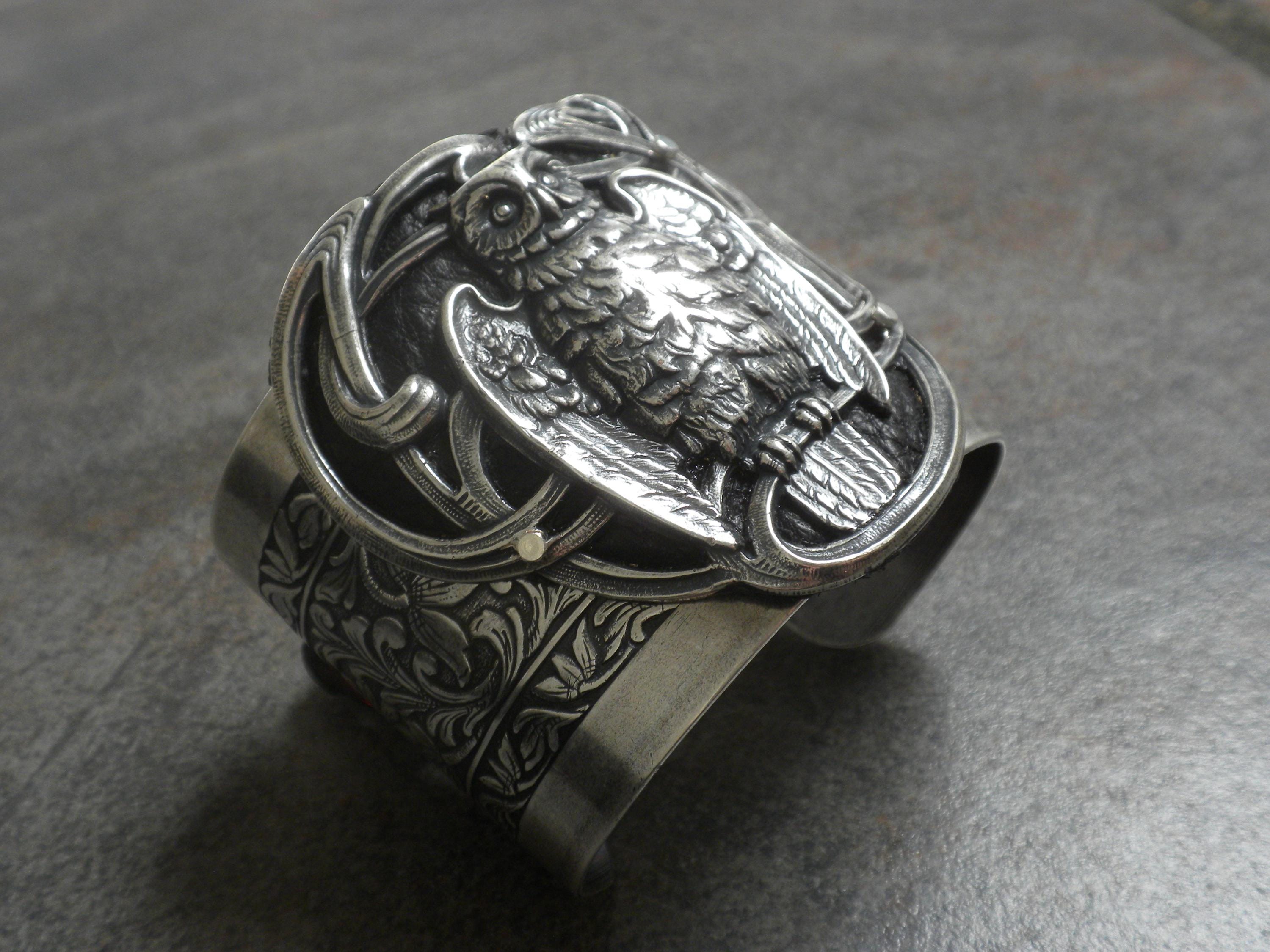 Silver Owl Bracelet:  Wide Statement Cuff, Whimsigoth, Whimsy Goth Jewelry, Witchy Accessory