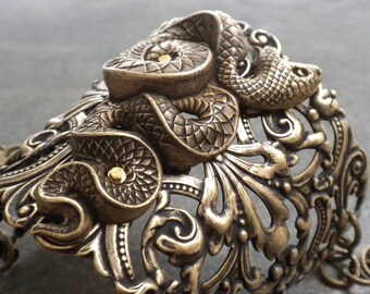 Statement Cuff Snake Bracelet Brass Egyptian Revival Handmade Jewelry