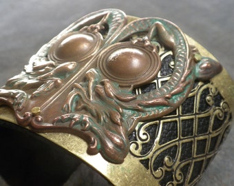 Renaissance Fair Cosplayer Gift for Him Wide Brass Medieval Dragon Cuff Bracelet