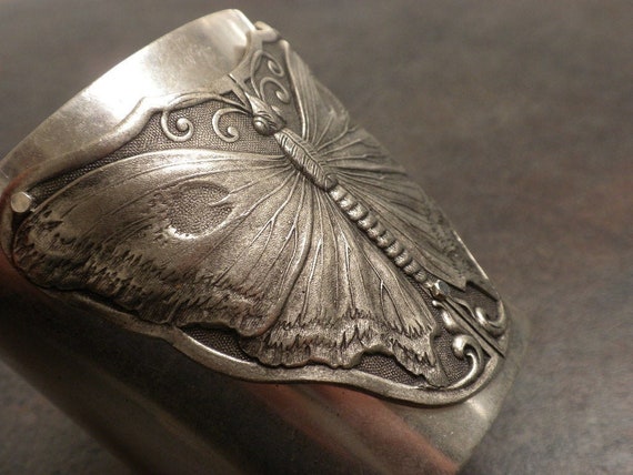 Wide Silver Cuff Bracelet Statement Butterfly Moth Art Nouveau | Etsy