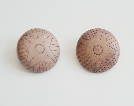 1970s Round Wooden Clip On Earrings