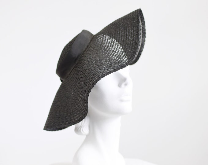 1950s Black Wide Brim Hat / Picture Hat / Platter Hat