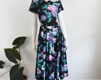 1980s Black Floral Jersey Dress - M