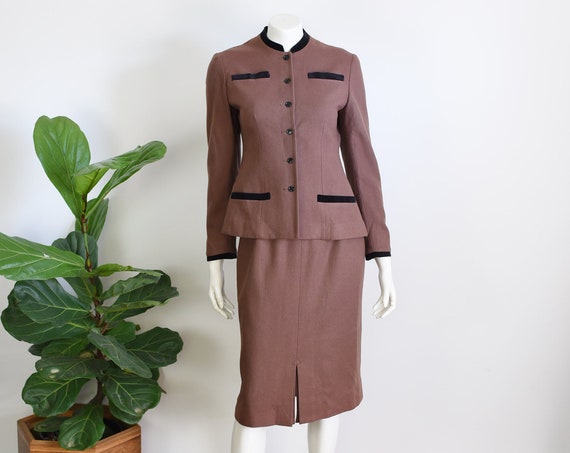 1990s Brown Wool Skirt Suit - S