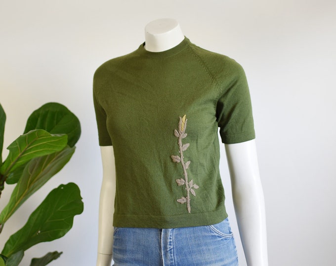 1960s Green Floral Embroidered Sweater - S