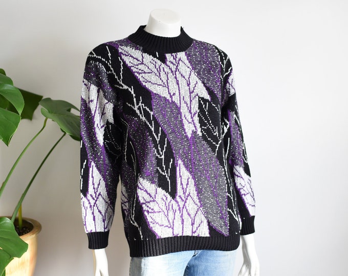 1980s Purple Leaf Print Sweater - M