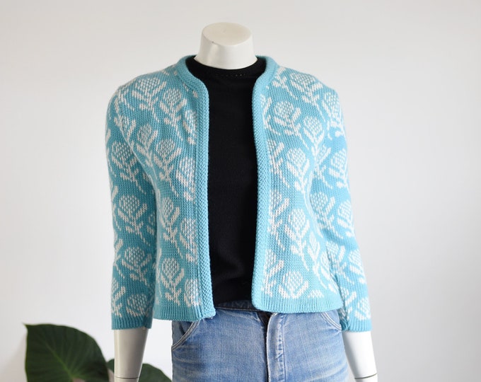 1960s Blue Floral Cardigan - S/M