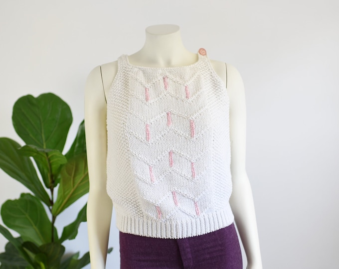 80s White and Pink Knit Tank - S