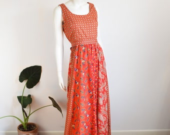 Peck & Peck 1970s Red Cotton Maxi Dress - M/L