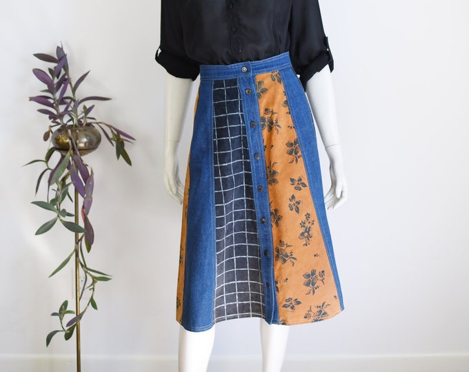 1970s Denim and Leather Skirt - S