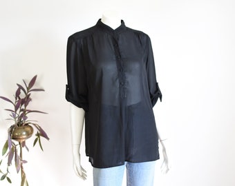 70s Sheer Black Blouse - S/M