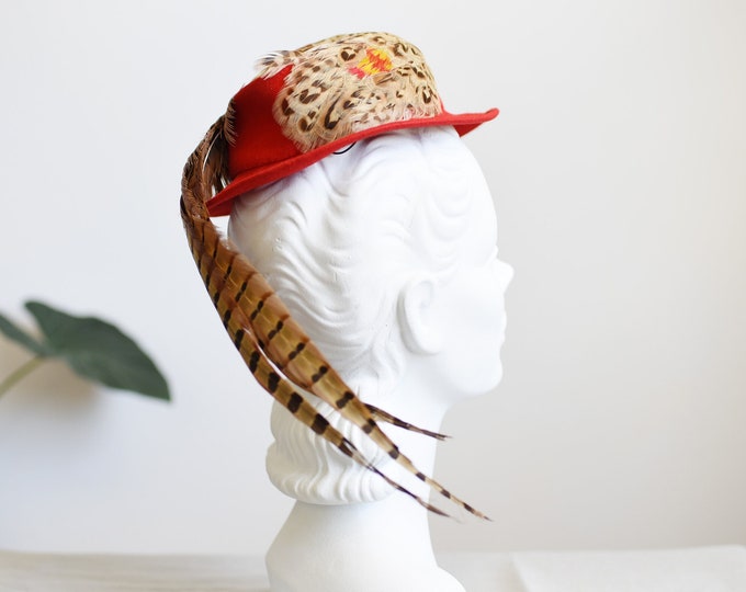 1940s Red Feathered Tilt Hat