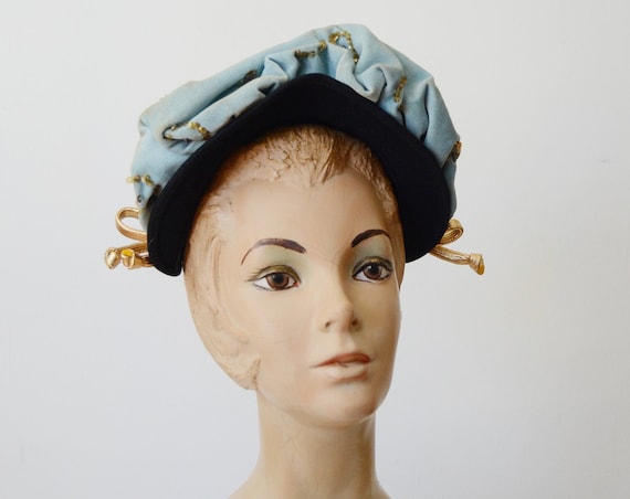 1940s Black and Blue Velvet Hat