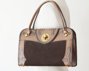 1960s Large Tooled Leather and Suede Bag