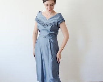 1950s Powder Blue Formal Dress with Train - M