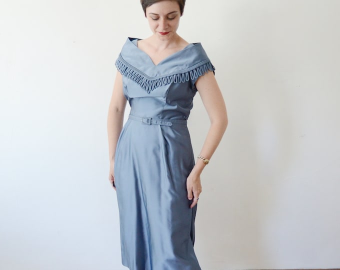 1950s Powder Blue Formal Dress with Train - M