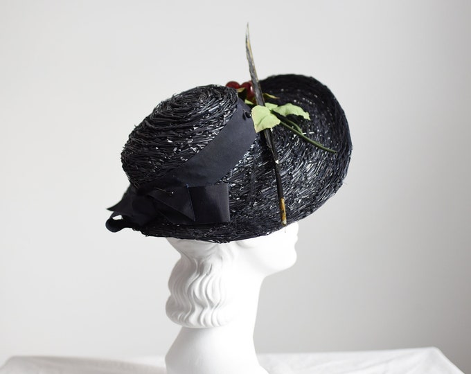 1940s Straw Hat with Grapes and Feather