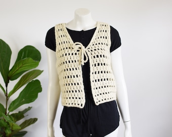 SALE 1970s Cream Wool Crochet Vest - S